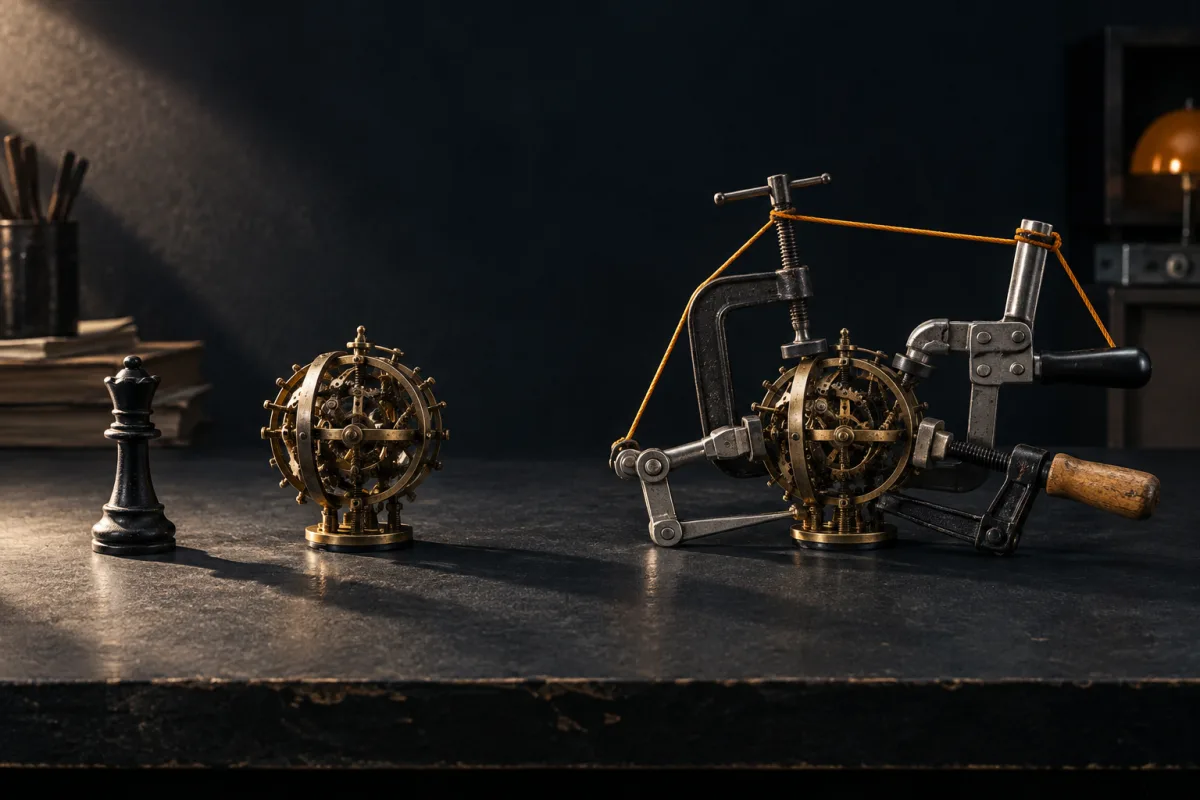 Editorial image of linked mechanisms on a workbench, reused from our AI team guide; not a dashboard screenshot