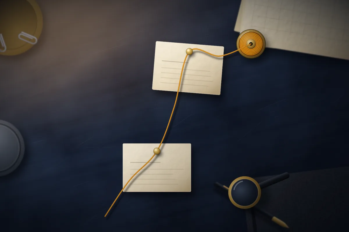 Illustration of two cream cards pinned with brass pins and joined by an amber thread on a dark desk; not a product screenshot