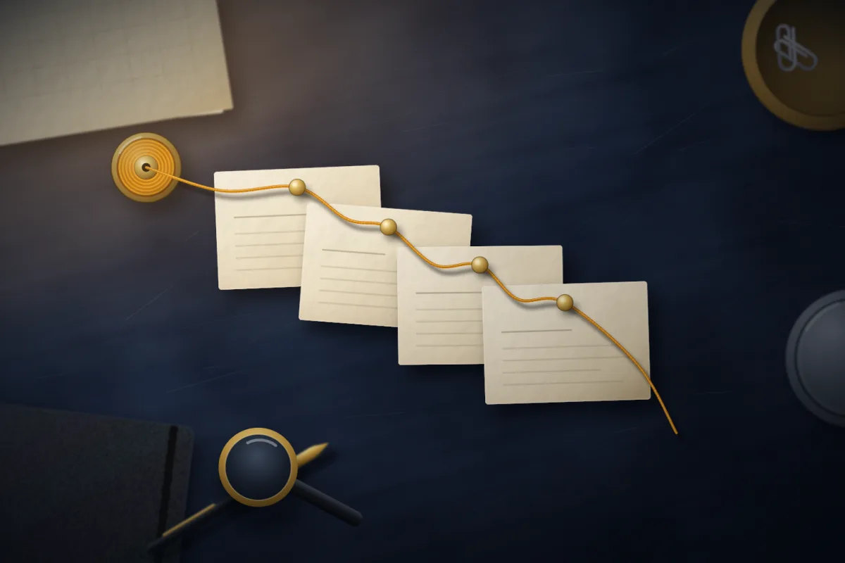 Illustration of cream index cards pinned in a row and linked by an amber thread on a dark desk; not a product screenshot