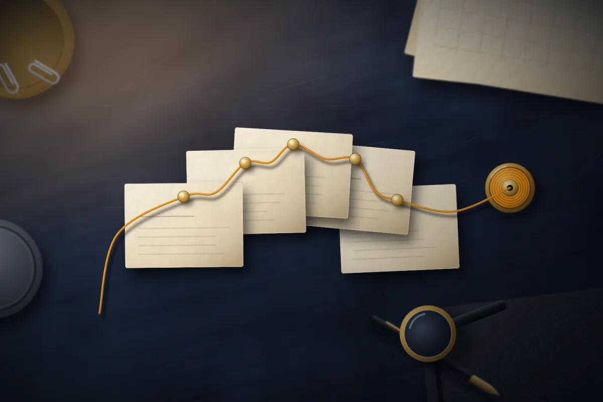 Illustration of five cream cards pinned in an arc and linked by an amber thread on a dark desk; not a product screenshot