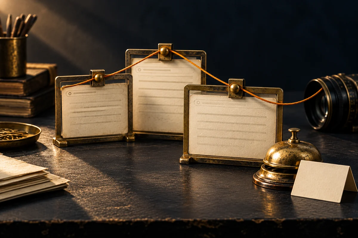 Photographic still life of brass viewing frames connected by amber thread, with a small help bell on a dark desk.