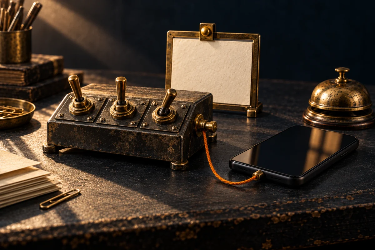 Photographic still life of brass toggle switches linked by amber thread to a phone, with an ivory card and a small bell on a dark workbench.