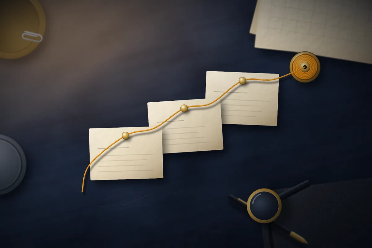 Illustration of three cream cards pinned in a rising row on a dark navy desk, joined by an amber thread that runs to a brass spool; not a product screenshot