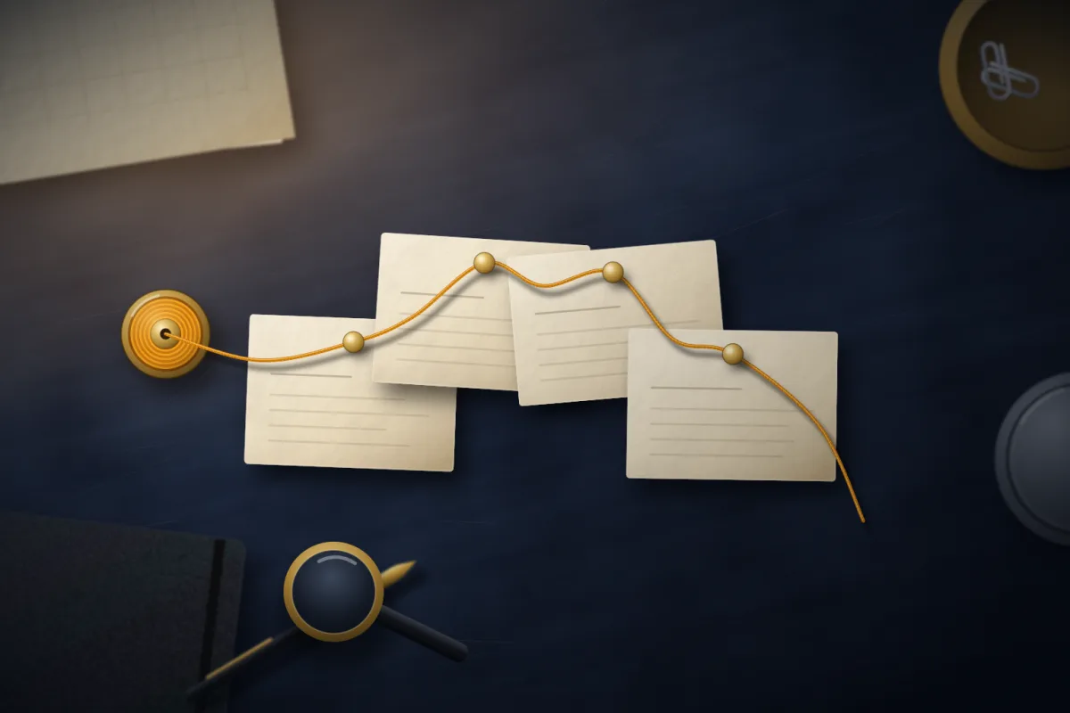 Illustration of four cream index cards on a dark slate desk, joined by an amber thread that rises and falls like a line chart; not a product screenshot