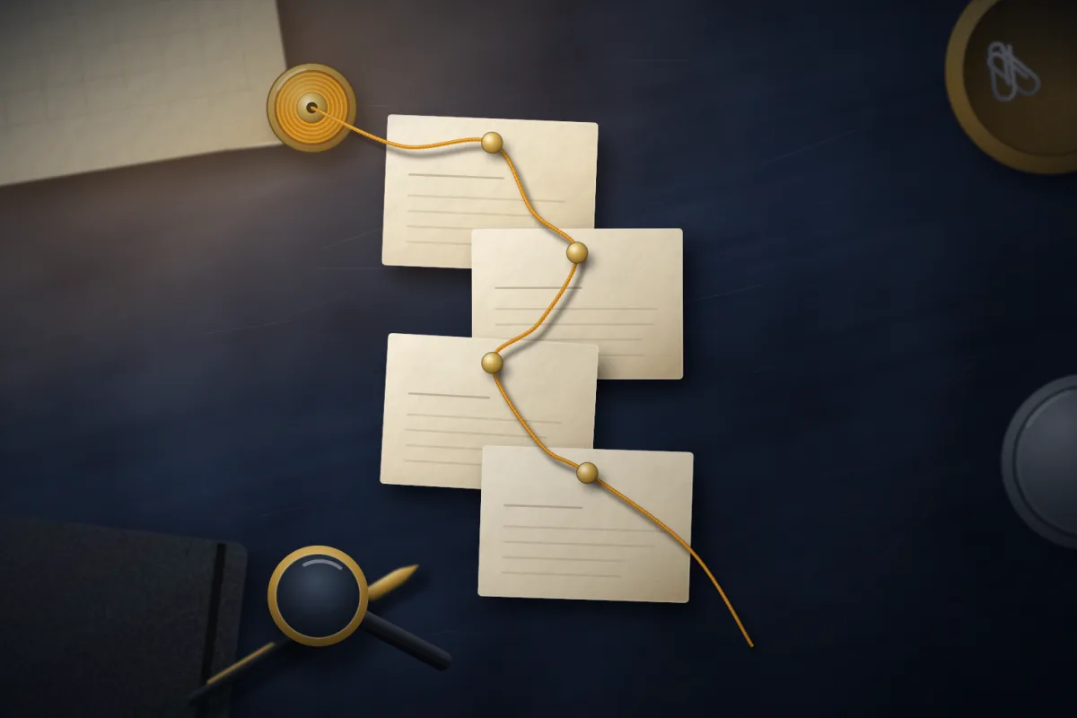 Illustration of four cream index cards in a column, pinned and linked by an amber thread, with a brass magnifier on a dark desk; not a product screenshot
