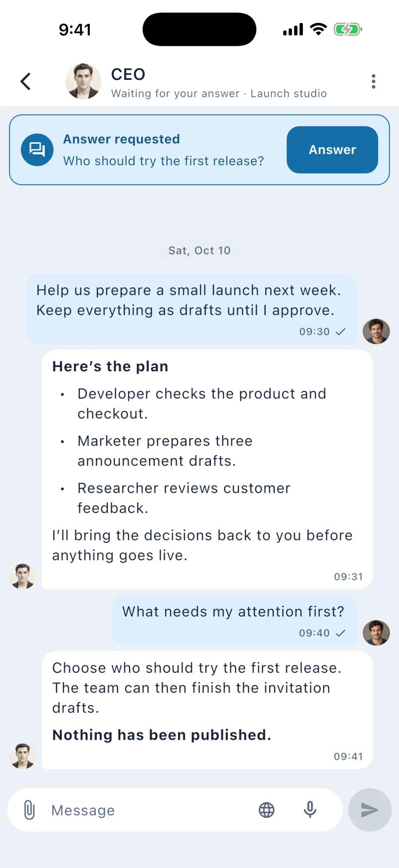 noHuman mobile app: Messages