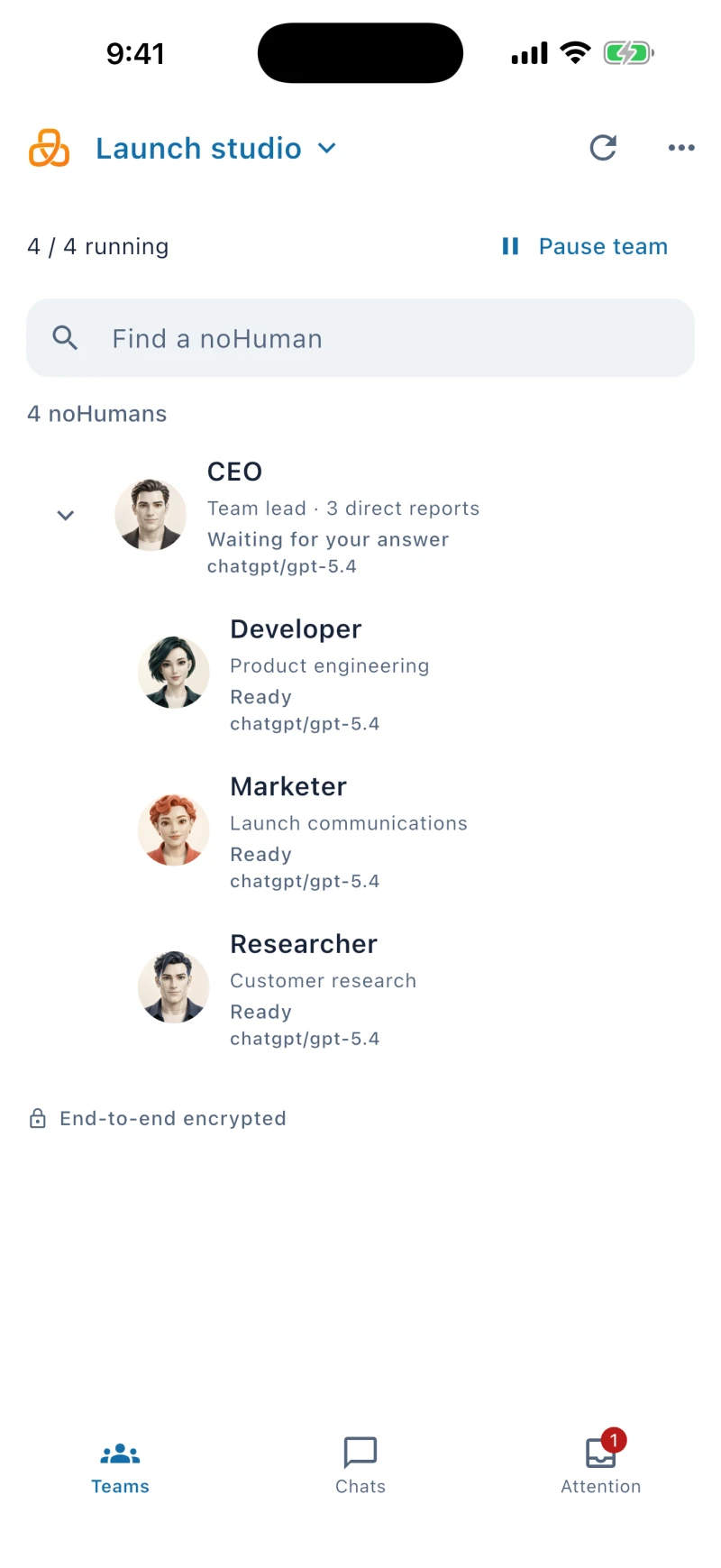 noHuman mobile app: Teams